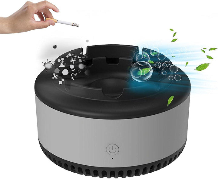 Scrumiera electrica cu aspiratie directa, suport din rasina epoxidica anti-topire, cu functie de purificare a aerului, odorizant pentru eliminarea mirosului, functioneaza cu baterii AA, gri