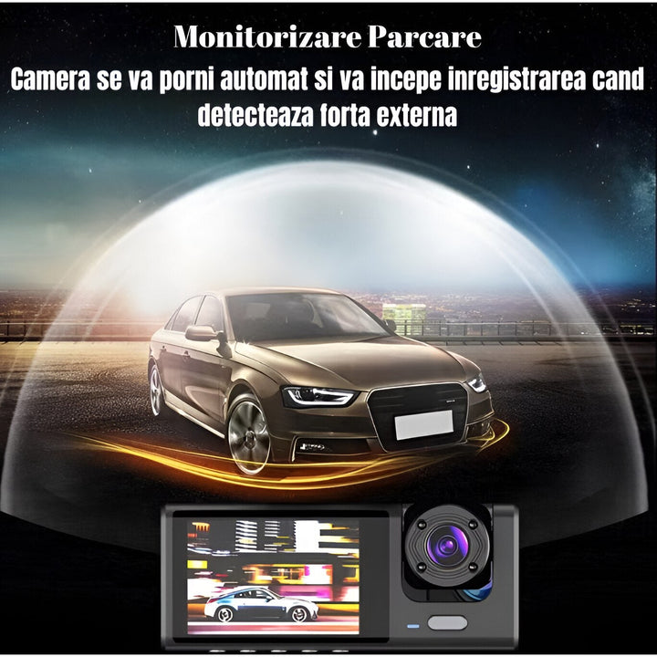 Camera auto DVR, vizualizare 170°, 3 camere, ecran 2", vizualizare nocturna, full HD 1080 P, detectare miscare