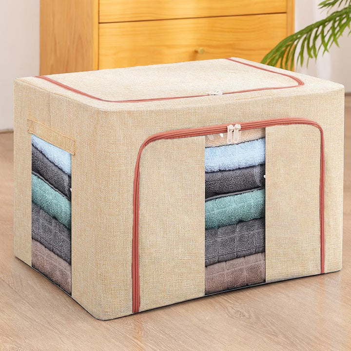 Cutie de depozitare pliabila, cu fermoar, 66 L, Textil, 50x40x33 cm, Crem, Cu doua ferestre