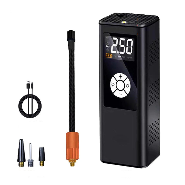 Pompa aer multifunctionala, Electrica, Umflare rapida, Compresor masina, bicicleta, minge, Afisaj Digital, 120W, Oprire automata, 12V, 10 Bari, Reincarcabila USB, Accesorii incluse, Acumulator incorporat