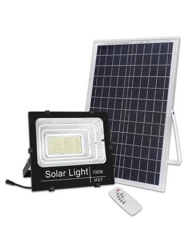 Proiector Solar 100W, lampa incarcare solara + panou solar rezistent la apa, telecomanda