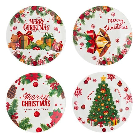 Set 4 farfurii Craciun - in cutie cadou cu funda rosie